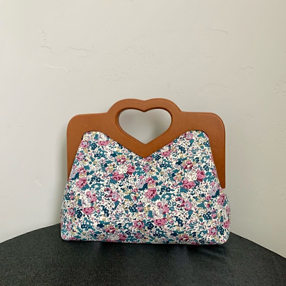 Handmade Large Genuine Printed Floral Leather Wooden Frame Bag with Small Purse - Picture 3 of 16
